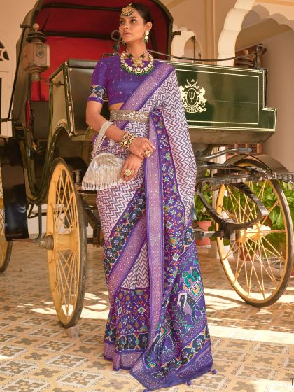 Purple And White Traditional Printed Saree