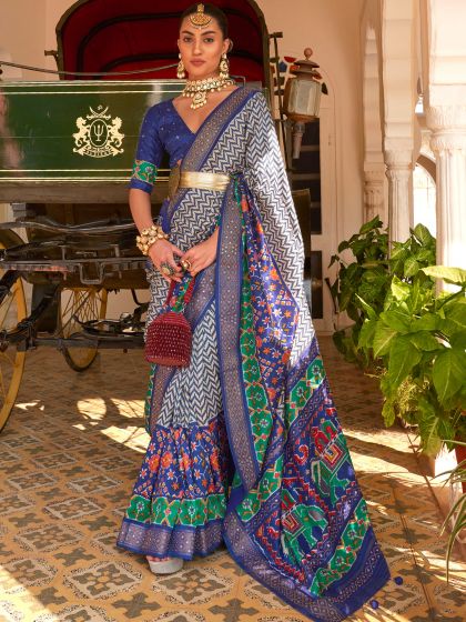 Blue Patola Printed Silk Saree With Blouse