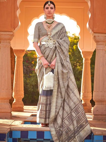Grey Printed Style Art Silk Saree 
