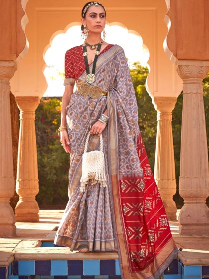 Grey Color Printed Saree With Blouse