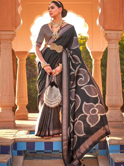 Black Printed Art Silk Saree With Blouse