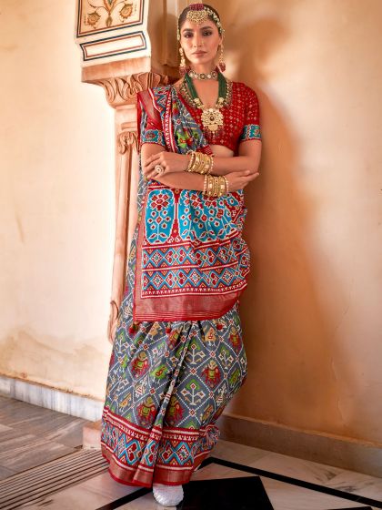Grey Patola Printed Silk Saree With Blouse