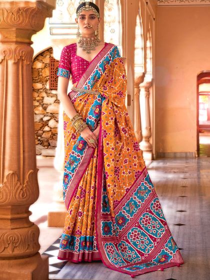 Yellow Festive Silk Saree In Patola Prints