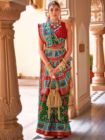 Green Patola Printed Saree In Silk