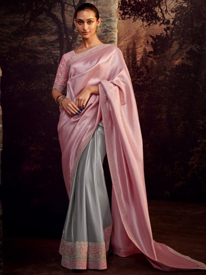 Grey Silk Saree With Zari Embroiderd