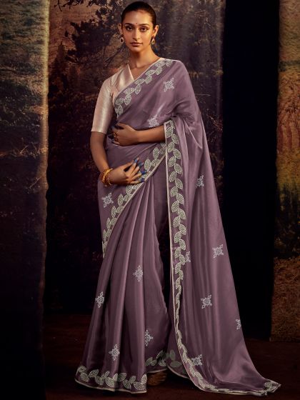 Purple Zari Embellished Silk Saree With Blouse