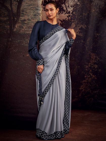 Blue Organza Saree With Stone Work Border