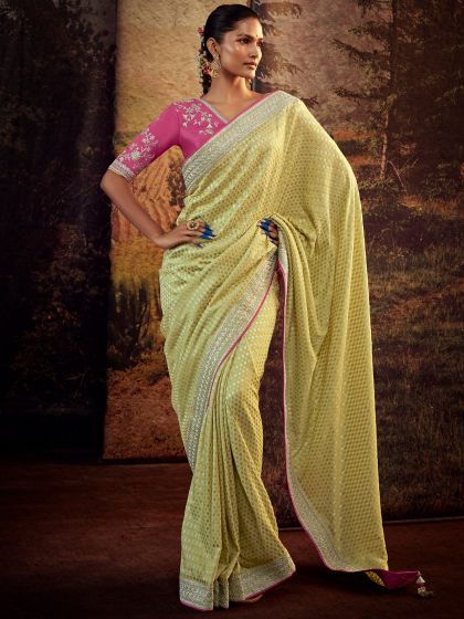 Yellow Embroidered Saree In Silk With Blouse