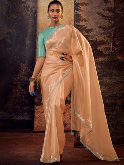 Orange Stone Embellished Saree In Organza