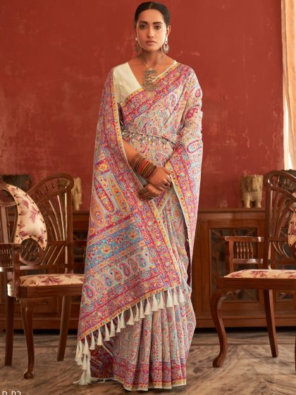 White Floral Woven Saree In Pashmina Silk