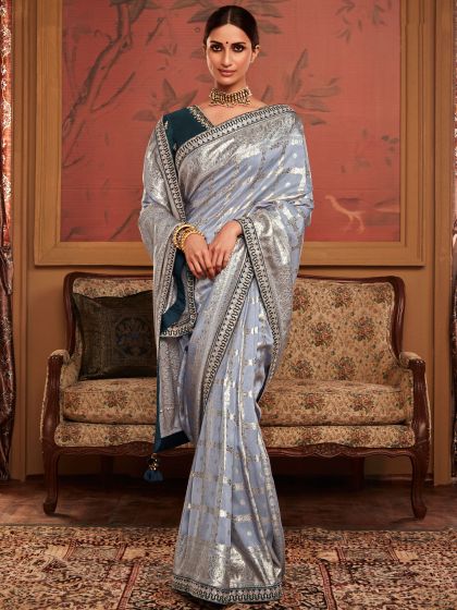 Blue Woven Patterns Saree With Designer Blouse
