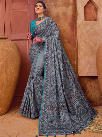 Grey Thread Work Embroidery Banarasi Silk Saree