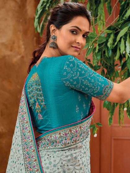 Blue Embroidered Saree In Banarasi Silk With Blouse