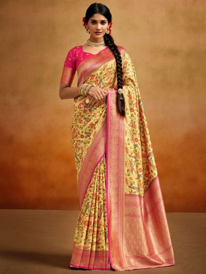 Yellow Festive Saree With Zari Woven Borders