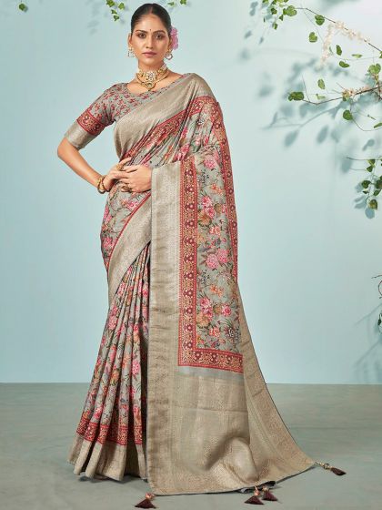 Grey Floral Printed Saree In Silk With Blouse