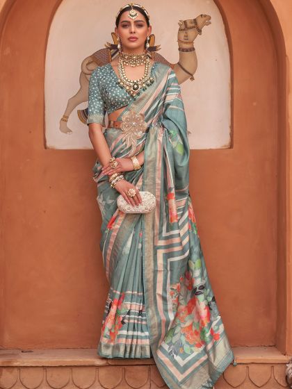 Grey Casual Wear Art Silk Saree With Floral Print