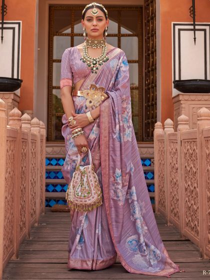 Purple Casual Wear Printed Saree With Blouse