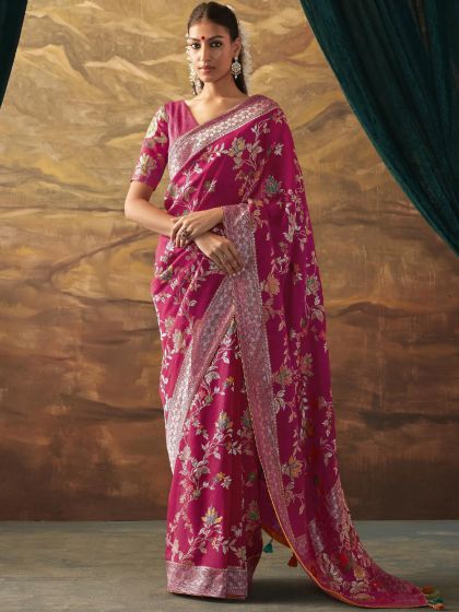 Pink Floral Pattern Dola Silk Saree With Blouse
