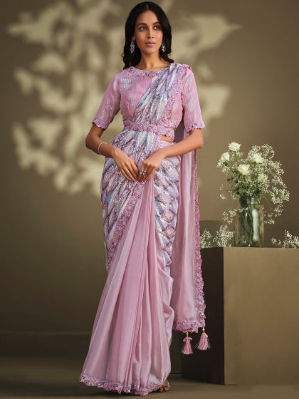 Pink Bridesmaid Satin Saree With Sequin Work