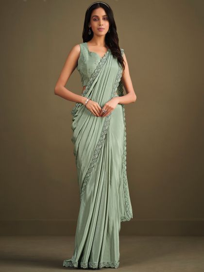 Green Bridesmaid Saree In Crepe With Blouse