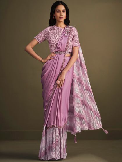 Pink Saree With Embroidered Blouse And Crushed Pallu