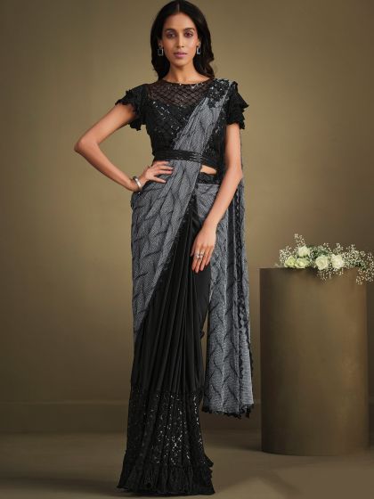 Black Sequined Saree With Crushed Pallu In Art Silk