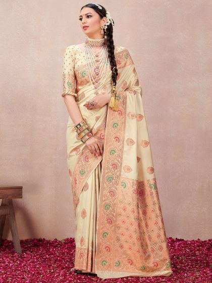 Cream Saree With Zari Weaving In Silk