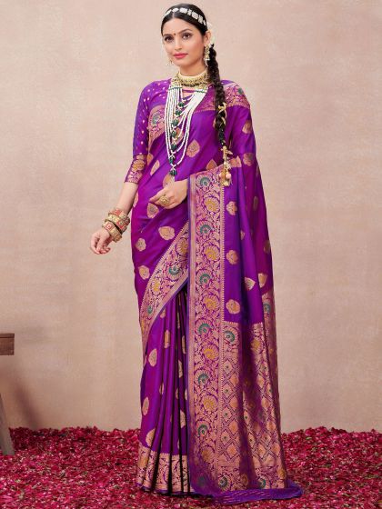 Purple Silk Saree In Zari Pattern With Blouse