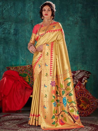 Yellow Floral Printed Saree In Silk With Blouse