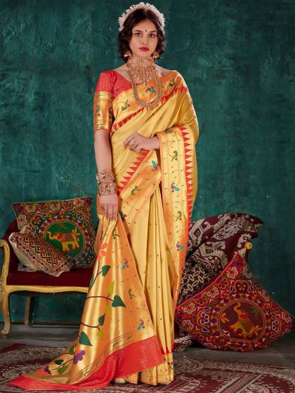Yellow Silk Saree With Floral Pattern