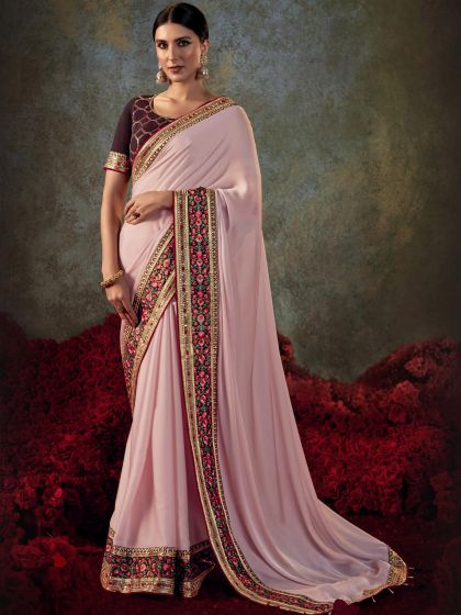 Pink Floral Border Saree With Blouse In Art Silk