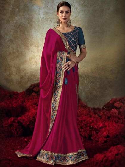 Pink Zari Bordered Art Silk Saree With Blouse