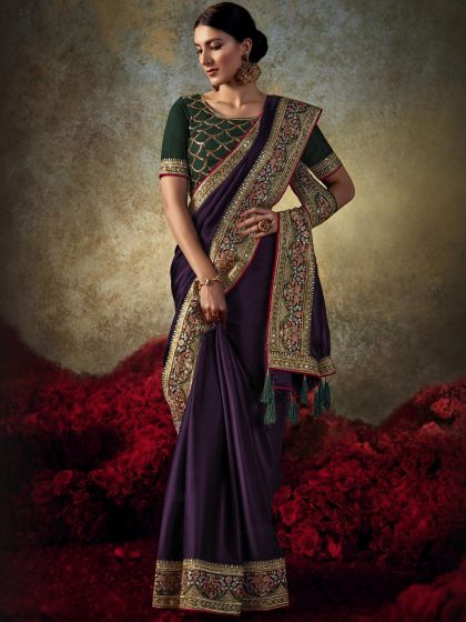 Purple Party Wear Saree With Thread Work Border