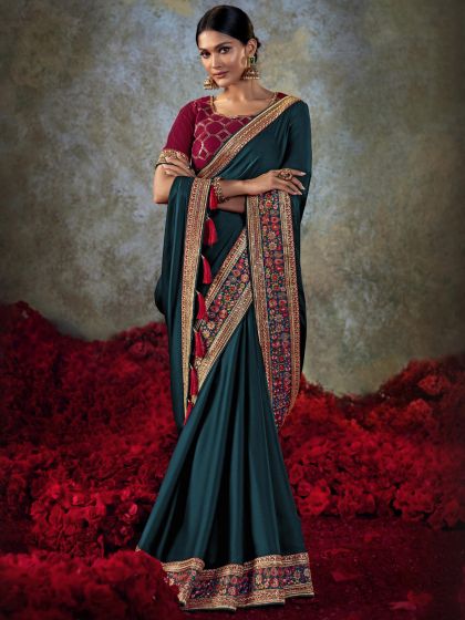 Green Party Wear Zari Bordered Saree In Art Silk