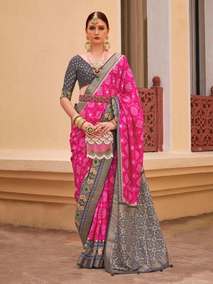 Bright Pink Silk Print Work Indian Saree Online