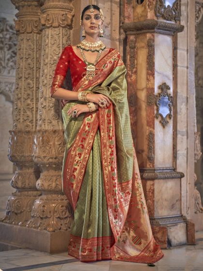 Green Traditional Banarasi Silk Saree In Weaving