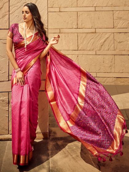 Pink Party Silk Saree In Traditional Print