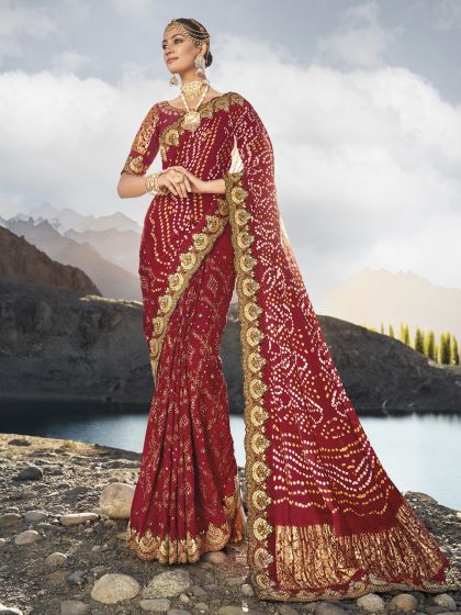 Red Bridal Satin Bandhani Print Indian Saree USA