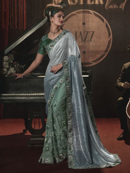 Green Cocktail Heavy Stone Work Net Saree