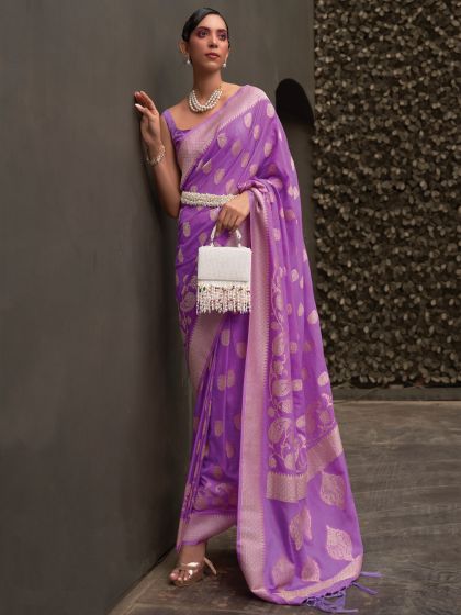 Purple Chinon Silk Saree With Blouse