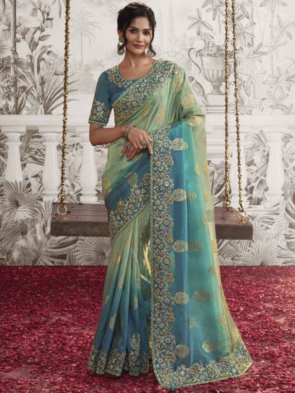 Blue Half And Half Heavy Embroidered Silk Saree