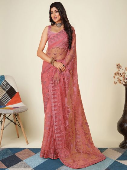 Pink Bridesmaid Net Saree In Heavy Thread Work