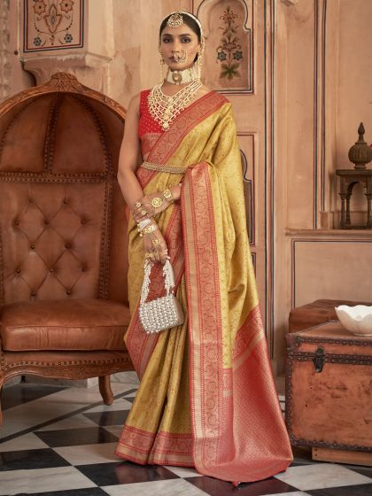 Golden Zari Weaving Wedding Saree In Silk