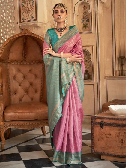 Pink Traditional Silk Saree In Zari Work