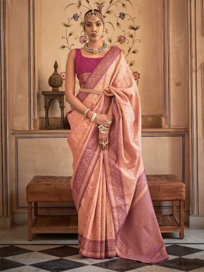 Peach Silk Saree In Zari Woven Pallu