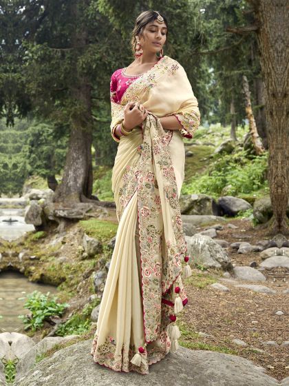 Cream Heavy Thread Embroidered Saree In Silk