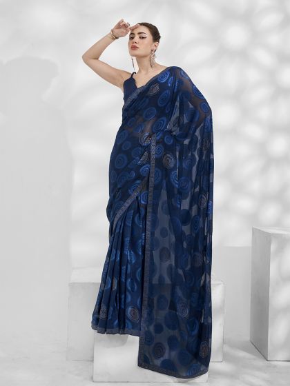 Dark Blue Stone Augmented Party Wear Saree