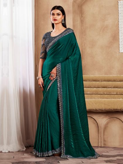 Royal Green Sequinsed Border Party Wear Silk Saree