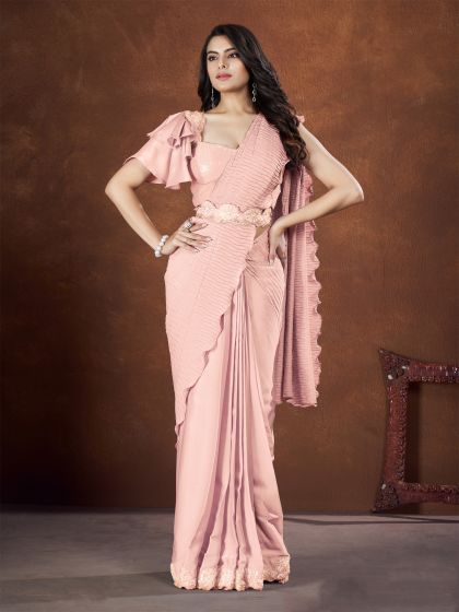 Peach Silk Saree With Pleated Pallu And Stiched Blouse