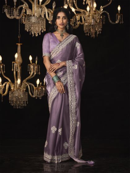 Lilac Glass Silk Saree With Silver Zari Embroidered Borders